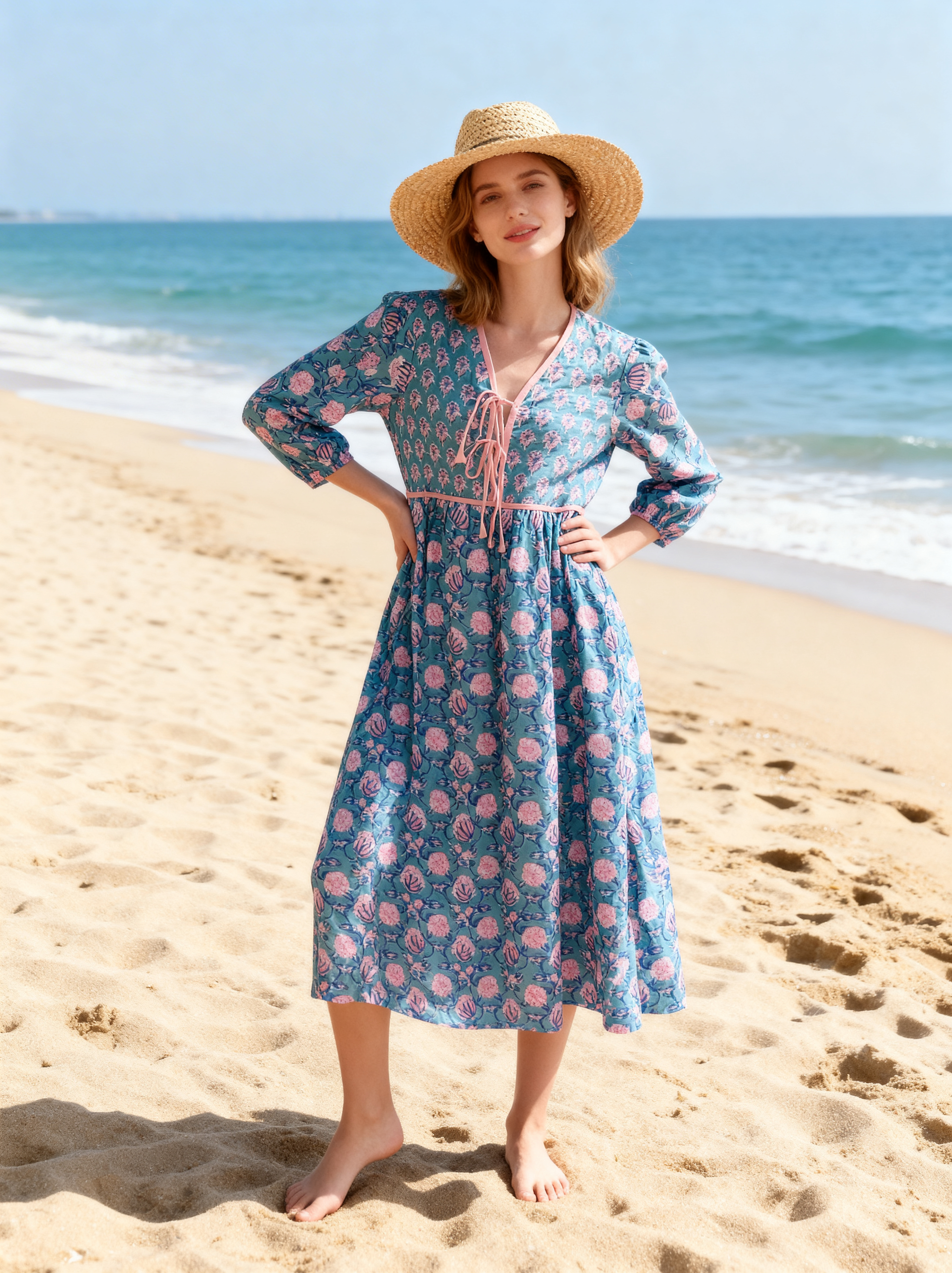 Seaside Bloom Lace-Up Midi Dress