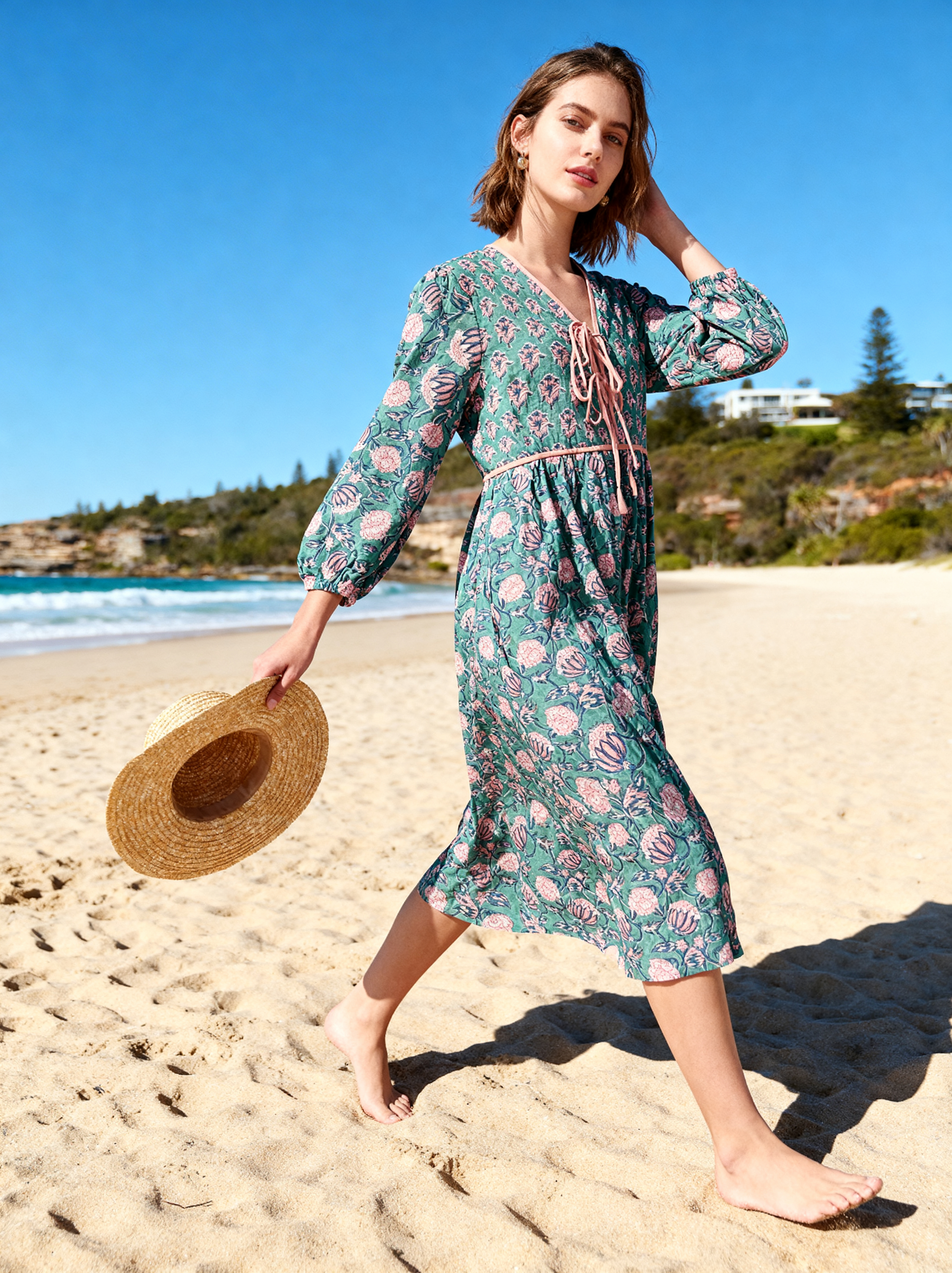 Seaside Bloom Lace-Up Midi Dress
